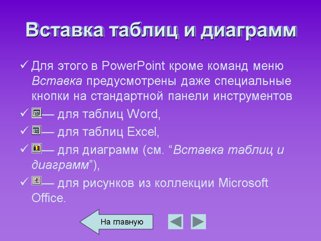 Вставка таблиц и диаграмм Для этого в PowerPoint кроме команд меню Вставка предусмотрены даже